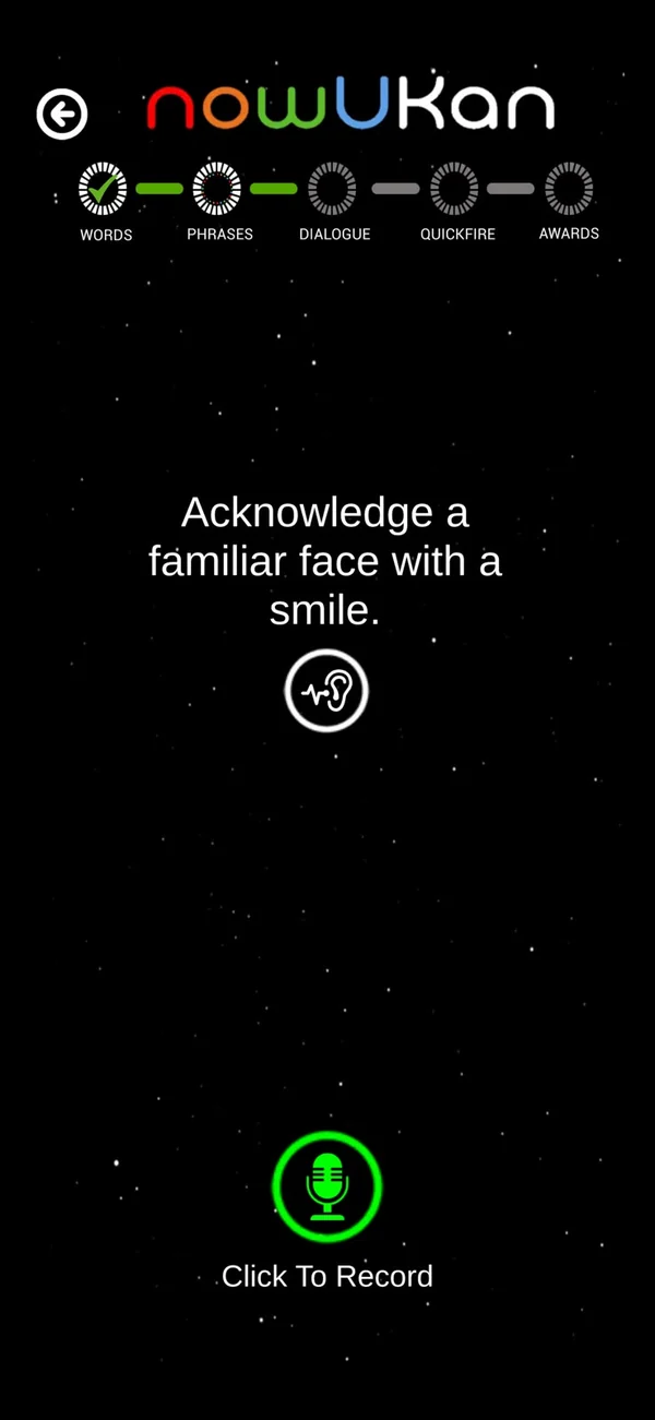 nowUKan phrase practice screen: Acknowledge a familiar face with a smile, Click To Record