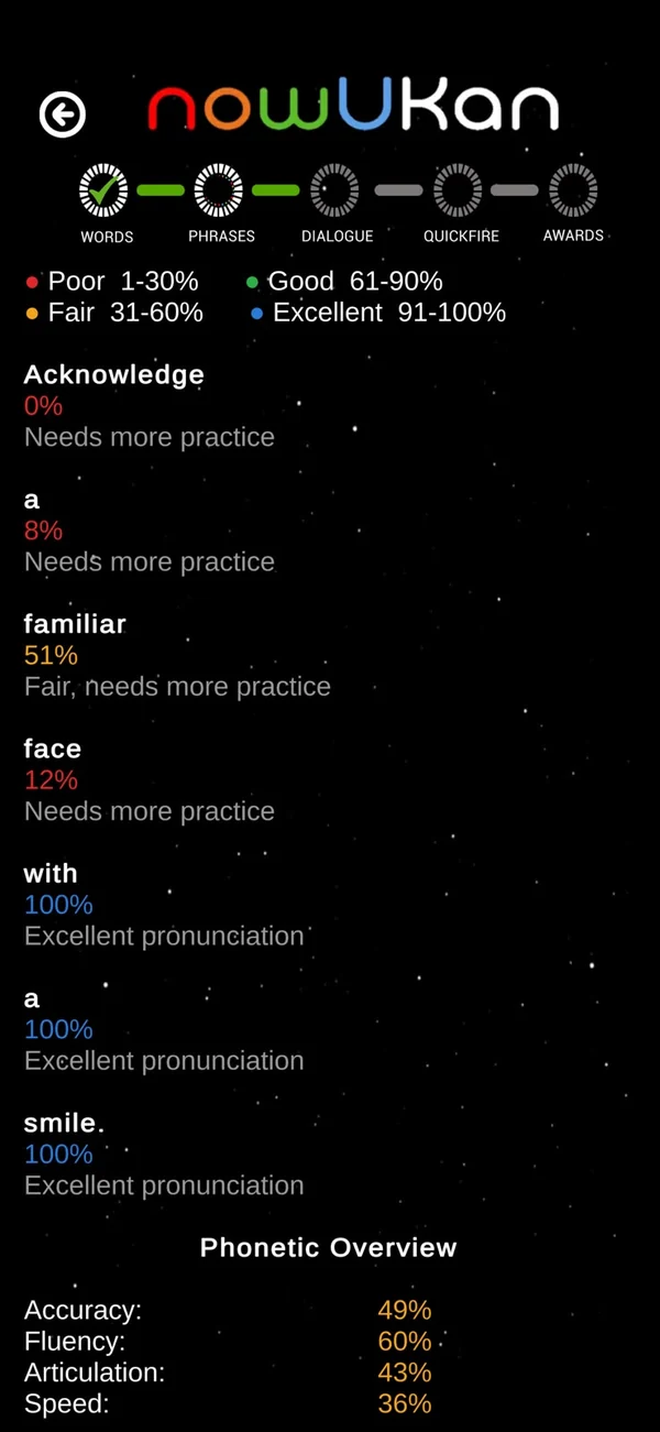 nowUKan phrases results screen with word-by-word pronunciation scores and phonetic overview