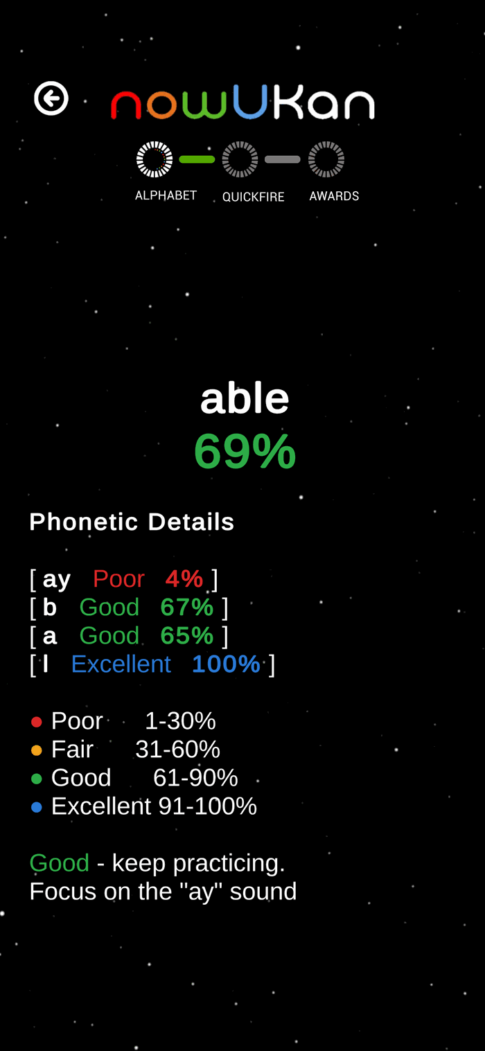 nowUKan word score screen with phonetic details